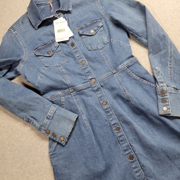 Free People Women's Blue Denim Mini Dress Size Small Cotton Stretch Blend NWT - Picture 4 of 12